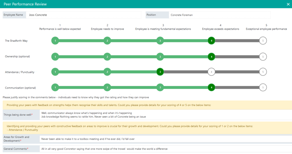 HR peer performance review interface with rating sliders across Shadforth Way criteria, attendance, communication