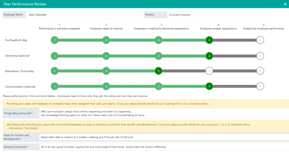HR peer performance review interface with rating sliders across Shadforth Way criteria, attendance, communication