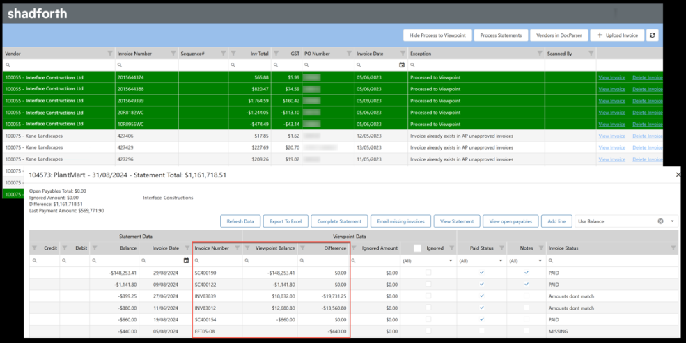 Invoice automation grid in ShadConnect showing vendor statement matching status for multiple invoices
