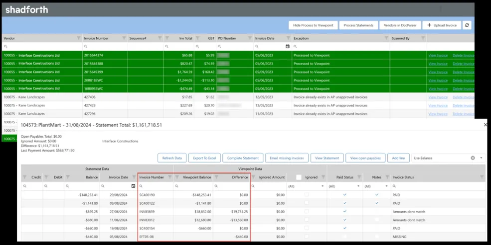 Invoice automation grid in ShadConnect showing vendor statement matching status for multiple invoices