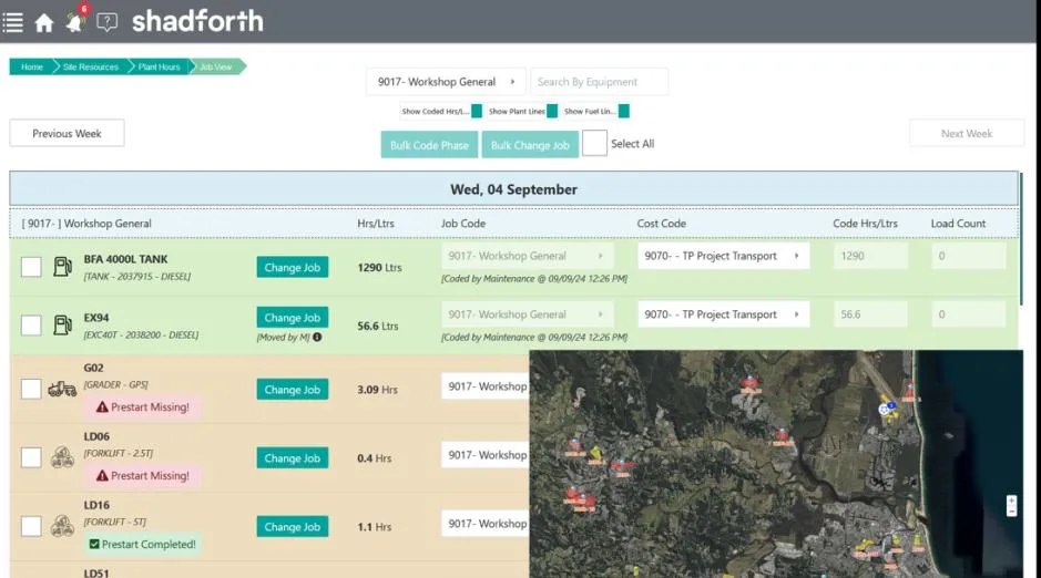 Plant management screen showing equipment hours, fuel, job codes, cost codes, and a satellite map view from Fleet Pursuit