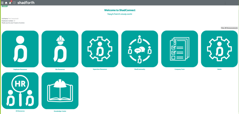 ShadConnect welcome screen with role-based module icons for employees, supervisors, HR, contractors, and forms